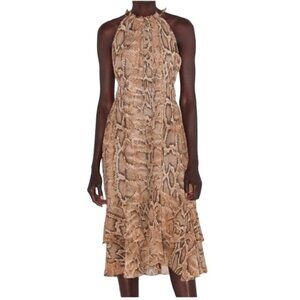 Zara Midi Summer Orange Black Brown SzS‎ Animal Print Sleeveless Ruffle Dress